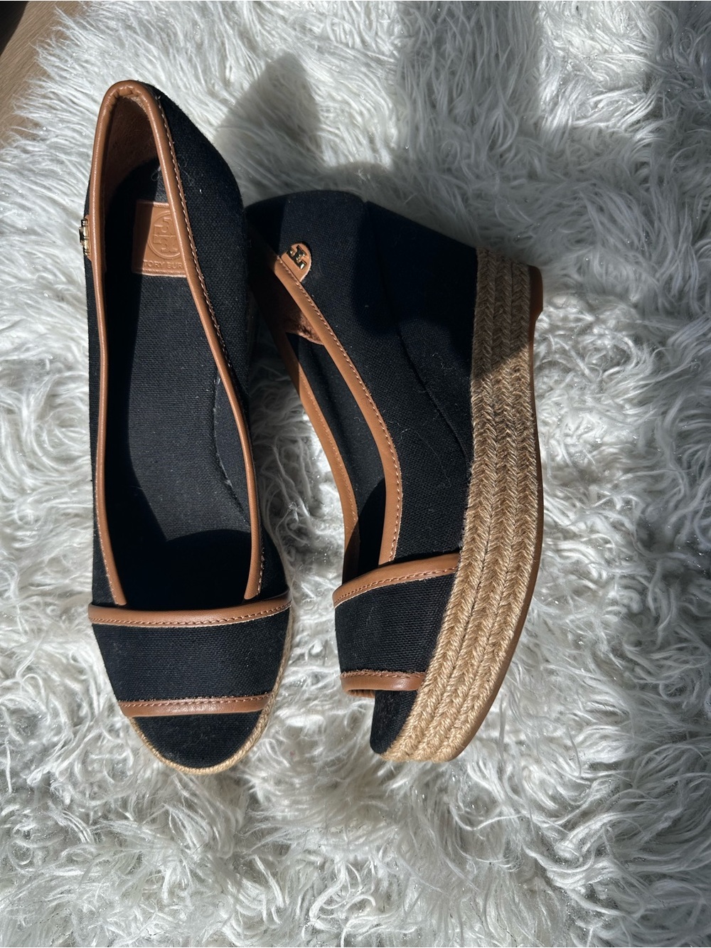 Tory Burch Classic Black Espadrille Wedge Flats with Brown Trim Sz 8 summer wear